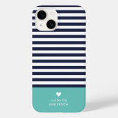 Navy Blue und Aqua Chic Stripes Heft Monogram Case-Mate iPhone Hülle (Rückseite)