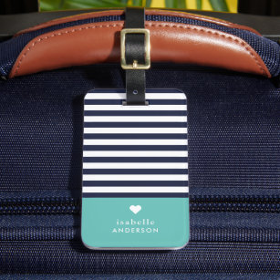 Navy Blue und Aqua Chic Stripes Heft Monogram Gepäckanhänger