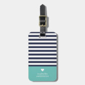 Navy Blue und Aqua Chic Stripes Heft Monogram Gepäckanhänger (Vorderseite vertikal)