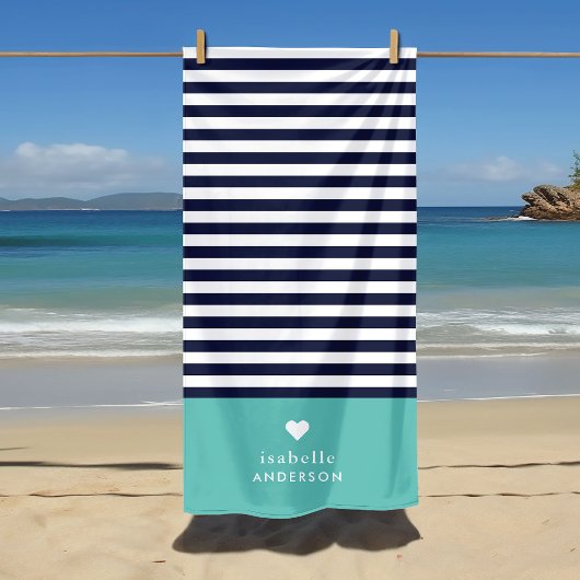 Navy Blue und Aqua Chic Stripes Heft Monogram Strandtuch