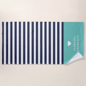 Navy Blue und Aqua Chic Stripes Heft Monogram Strandtuch (Vorderseite)