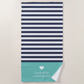 Navy Blue und Aqua Chic Stripes Heft Monogram Strandtuch (Vorderseite)