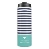 Navy Blue und Aqua Chic Stripes Heft Monogram Thermosbecher (Vorderseite)
