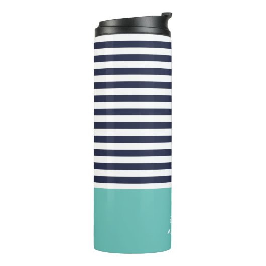 Navy Blue und Aqua Chic Stripes Heft Monogram Thermosbecher (Nach links gedreht)