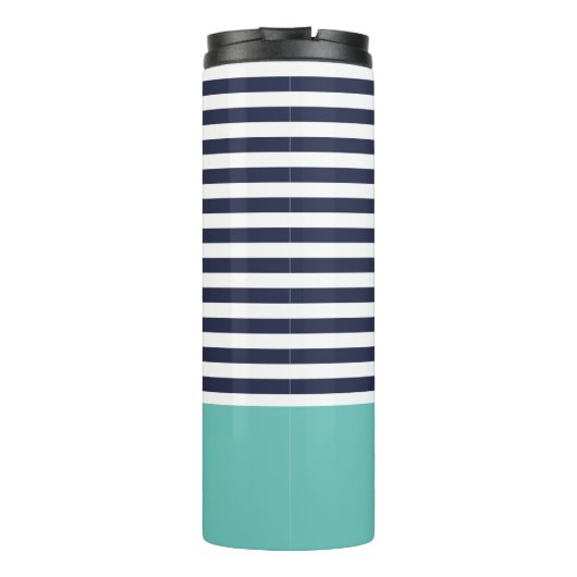 Navy Blue und Aqua Chic Stripes Heft Monogram Thermosbecher (Rückseite)