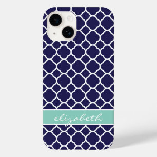 Navy Blue und Aqua Quatrefolie Custom Monogram Case-Mate iPhone Hülle