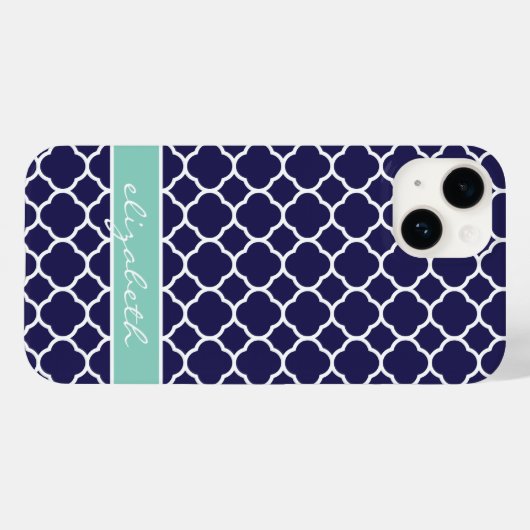 Navy Blue und Aqua Quatrefolie Custom Monogram Case-Mate iPhone Hülle (Rückseite (Horizontal))