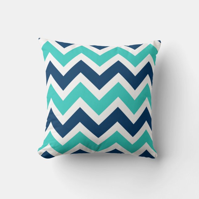 Navy Blue und Aquamarines Zickzack Zigzag Muster Kissen (Vorderseite)