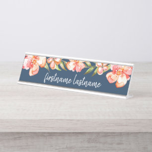 Navy Blue und bemalte Blume Kalligraphiebezeichnun Schreibtischnamensplakette