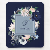 Navy Blue und Blush Bloral | Name und Monogramm Mousepad (Vorne)