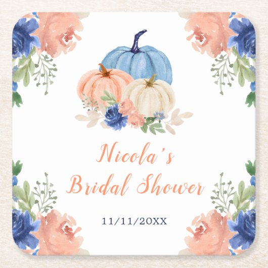 Navy Blue und Blush Floral Pumpkins Brautparty Rechteckiger Pappuntersetzer (Vorderseite)