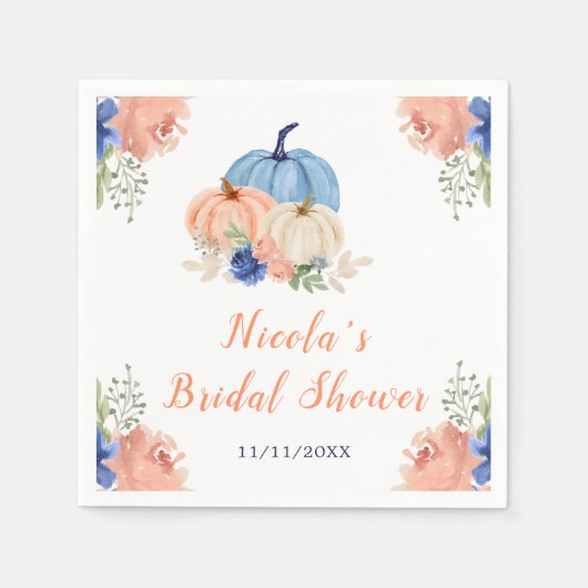 Navy Blue und Blush Floral Pumpkins Brautparty Serviette (Vorderseite)