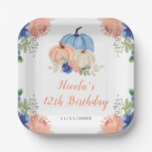 Navy Blue und Blush Floral Pumpkins Geburtstag Pappteller