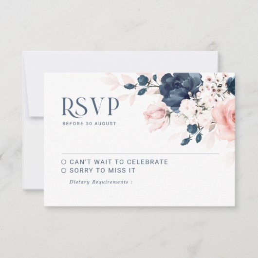 Navy Blue und Blush Pink Blues Bouquet Wedding RS RSVP Karte (Vorderseite)