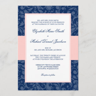 Navy Blue und Blush Pink Damask Swirl Hochzeit Einladung