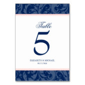 Navy Blue und Blush Pink Damask Swirl Hochzeit Tischnummer (Rückseite)