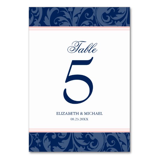 Navy Blue und Blush Pink Damask Swirl Hochzeit Tischnummer (Vorderseite)