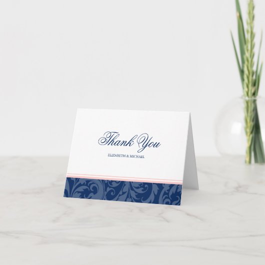 Navy Blue und Blush Pink Damask Swirl Vielen Dank Dankeskarte (Vorderseite)