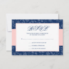 Navy Blue und Blush Pink Damask Swirl Wedding RSVP