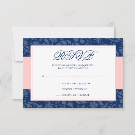 Navy Blue und Blush Pink Damask Swirl Wedding RSVP (Vorderseite)