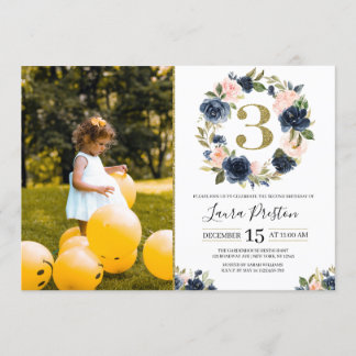 Navy Blue und Blush Pink Floral 3. Geburtstag Foto Einladung