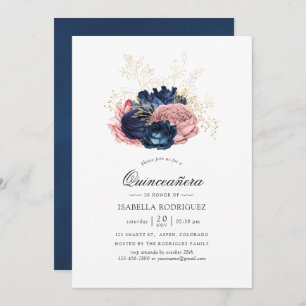 Navy Blue und Blush Pink Vintage Rose Quinceañera Einladung