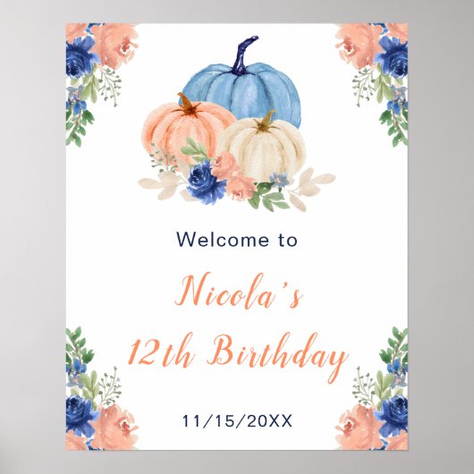 Navy Blue und Blush Pumpkins Geburtstag Willkommen Poster (Vorne)