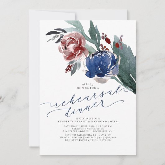 Navy Blue und Burgund Red Floral Probe Dinner Einladung (Vorderseite)