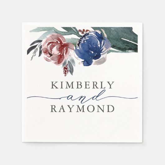 Navy Blue und Burgundy Elegante Blumenhochzeit Serviette (Vorderseite)
