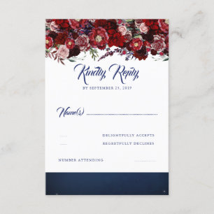 Navy Blue und Burgundy Red Wedding RSVP Karte