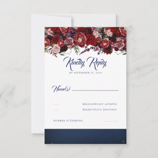 Navy Blue und Burgundy Red Wedding RSVP Karte (Vorderseite)