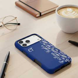 Navy Blue und Bush rosa Leaf Muster mit Monogramm iPhone 16 Pro Max Hülle