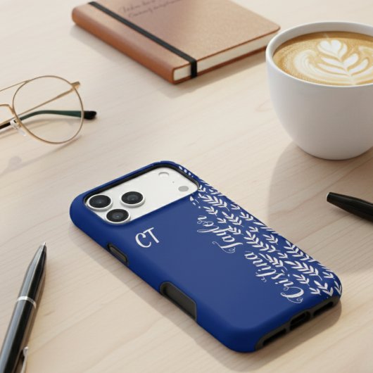 Navy Blue und Bush rosa Leaf Muster mit Monogramm iPhone Hülle