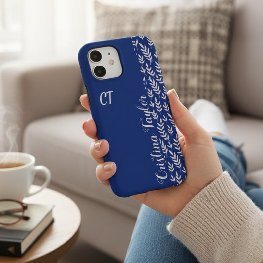 Navy Blue und Bush rosa Leaf Muster mit Monogramm iPhone Hülle