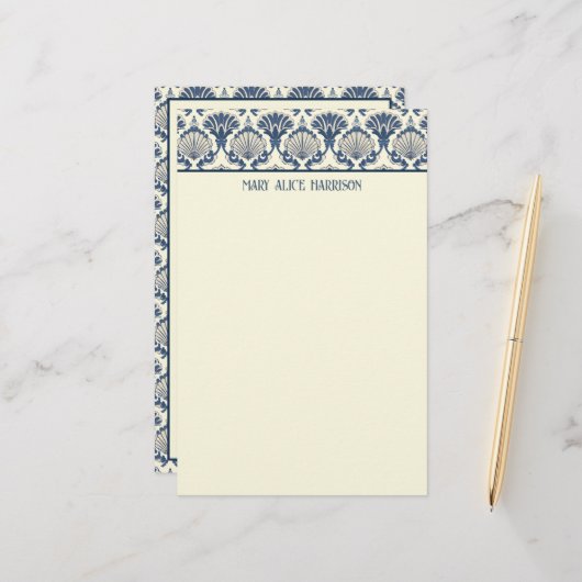 Navy Blue und Cream Seashell Pattern Briefpapier (Vorderseite/Rückseite Beispiel)