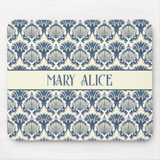 Navy Blue und Cream Seashell Pattern Mousepad (Vorne)