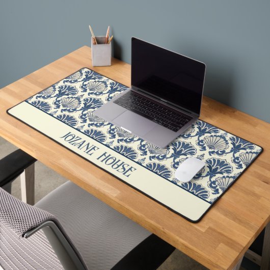Navy Blue und Cream Seashell Pattern Schreibtischunterlage (Büro 2)