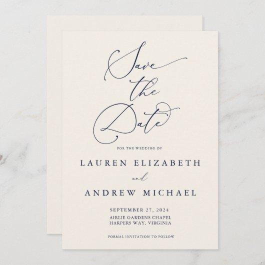 Navy Blue und Creme Save the Date Minimalistisch Einladung (Vorne/Hinten)