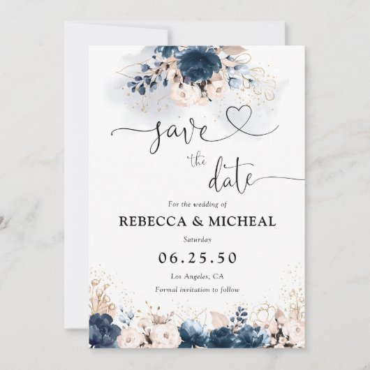 Navy Blue und Dusty Rose speichern die Datumskarte Save The Date (Vorderseite)