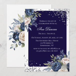 Navy Blue und Elfenbeinflora-Brautparty Einladung