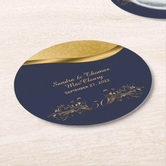 Navy Blue und Gold 50 Jahre alt Custom Runder Pappuntersetzer (Angewinkelt)