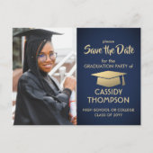 Navy Blue und Gold Abschluss Foto Save the Date Postkarte (Vorderseite)