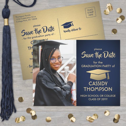 Navy Blue und Gold Abschluss Foto Save the Date Postkarte