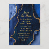 Navy Blue und Gold Agate Marble Save the Date Postkarte (Vorderseite)