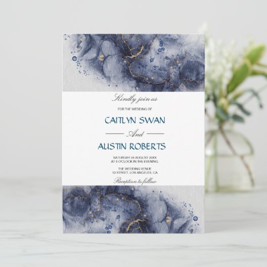Navy Blue und Gold Agate Marmor Einladung (Stehend Vorderseite)