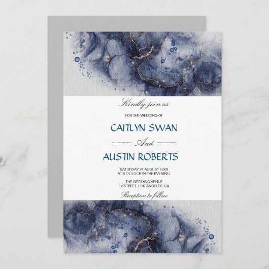Navy Blue und Gold Agate Marmor Einladung (Vorne/Hinten)