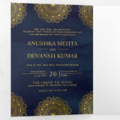 Navy Blue und Gold Asian Mandala Indian Wedding Dreifach Gefaltete Einladung (Innen Erste Seite)