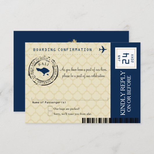 Navy Blue und Gold Bali Wedding RSVP (Vorne/Hinten)