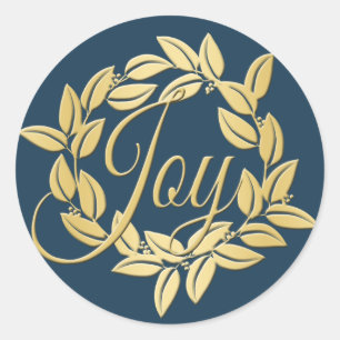 Navy Blue und Gold Bay Leaf Joy Wreath Runder Aufkleber