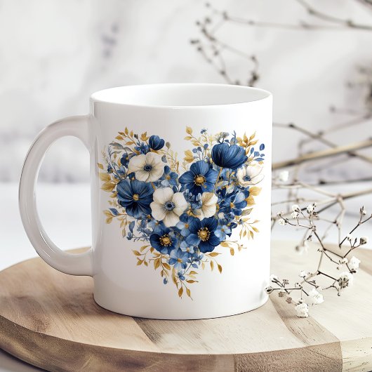 Navy Blue und Gold Blume in Herzform Kaffeetasse